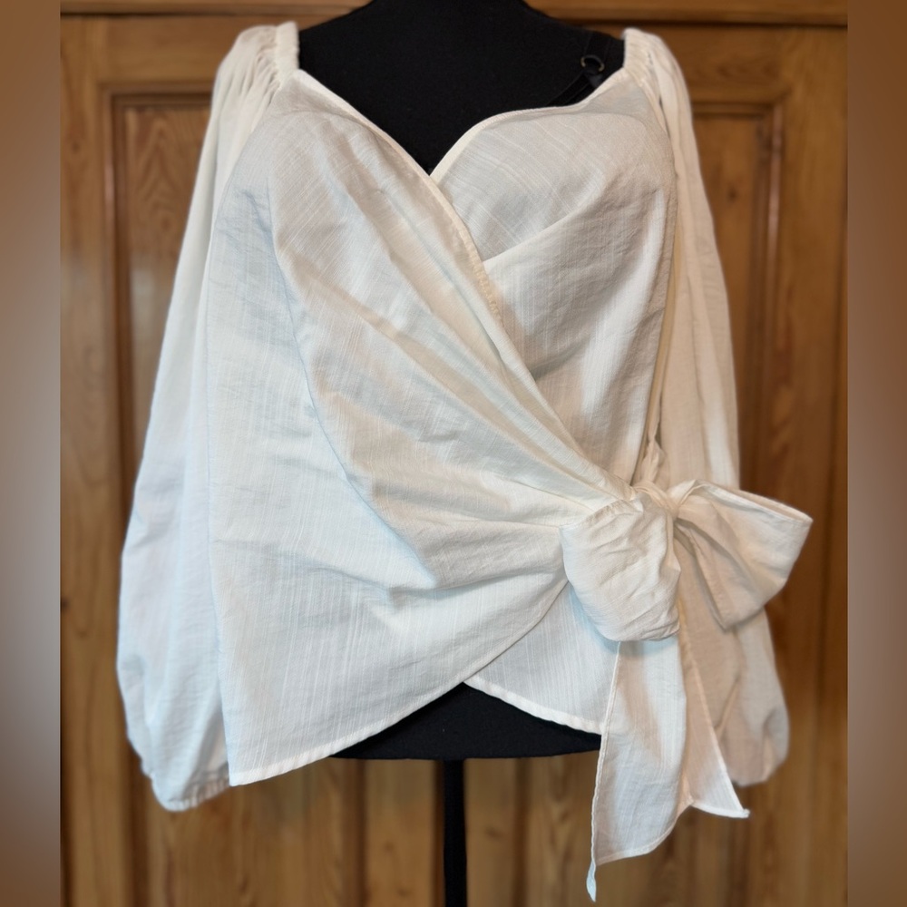 Eloquii White Asymmetrical Tie Front Blouse